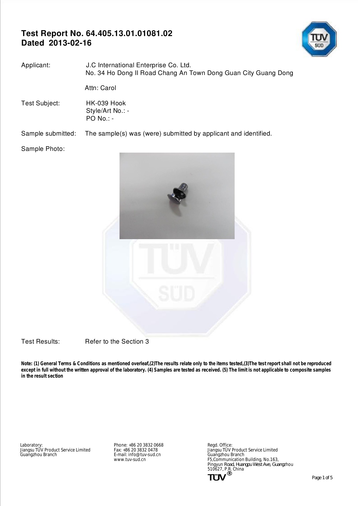 Nickle-lead free for Hook test repor